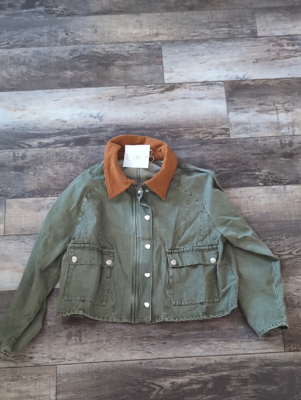 Women's Green Jean Jacket with Brown Corduroy Collar